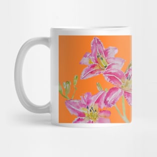 Pink Lily Flower Watercolor Painting Pattern - on Orange Mug